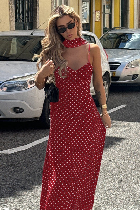 Sexy Polka Dot V-Neck Backless Cami Maxi Dress