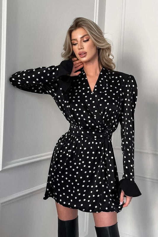 Vintage Polka Dot V-Neck Puff Sleeve A-Line Mini Dress