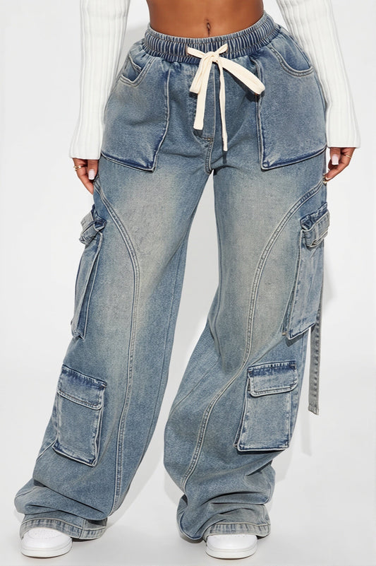 Drawstring Multi Pocket Cargo Jeans