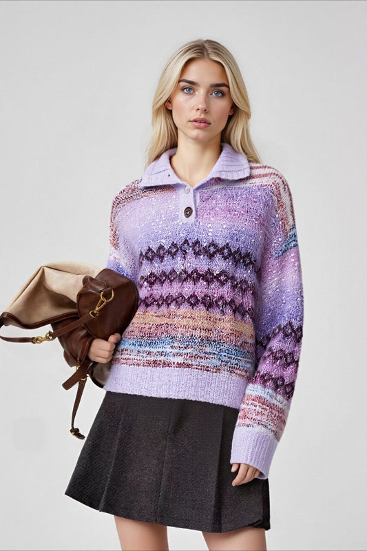 Gradient Fair Isle Jacquard Lurex Collared Loose Sweater