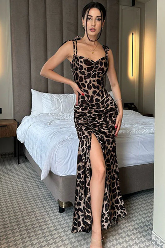 Leopard Print Spaghetti Strap Slit Maxi Dress