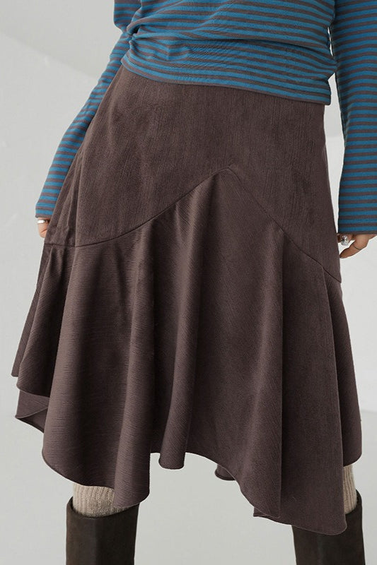 Retro Brown High Waist Asymmetrical Skirt