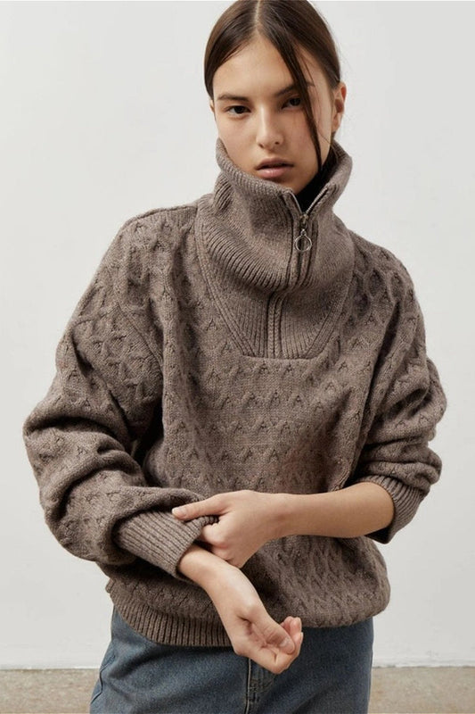Vintage Chunky Knit High Neck Zip Up Sweater
