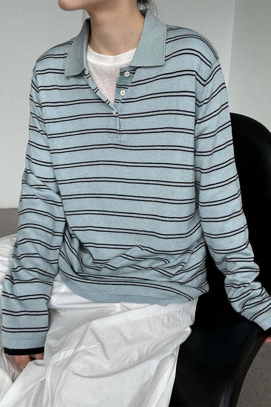 Soft Wool Striped Polo Collar Long Sleeve Bloshope