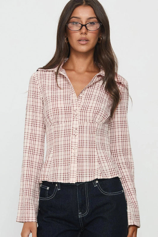 Plaid Regular Shoulder Fitted Waist Short Long Sleeve Bloshope