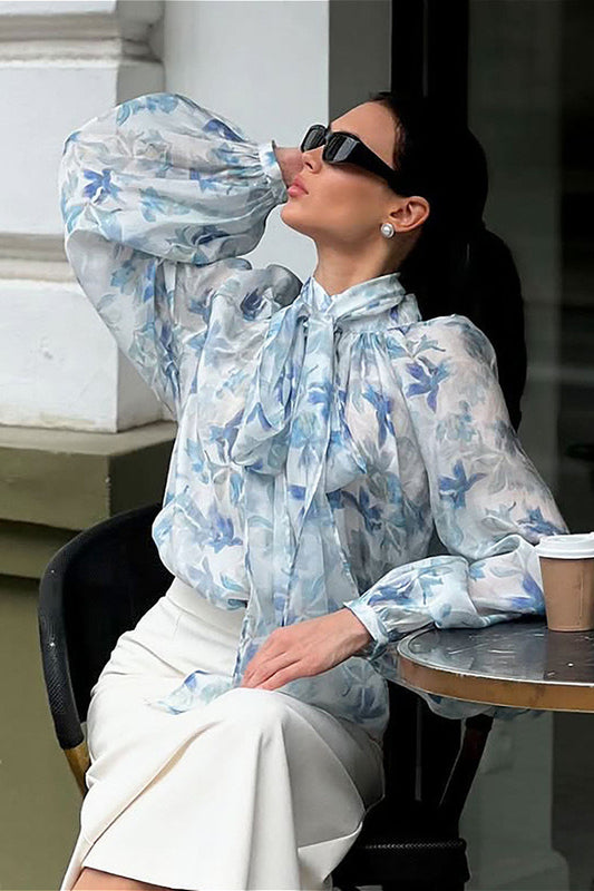 Elegant Tie Lantern Sleeve Floral Bloshope