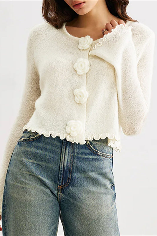 Slim-Fit 3D Floral Ruffled Pullover Knit Cardigan