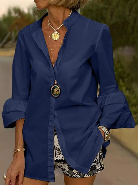 Flare Sleeve Solid Color V Neck Bloshope