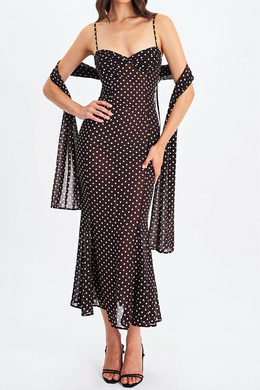 Polka Dot Ribbon Sheer Bodycon Maxi Dress