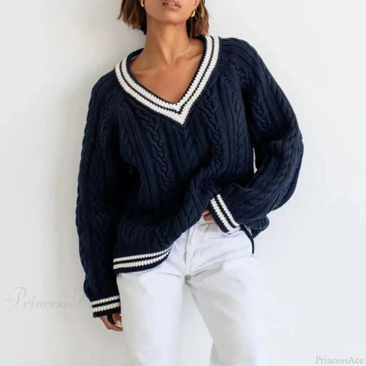 Cable Knit Loose Contrast Trim Streetwear Sweater
