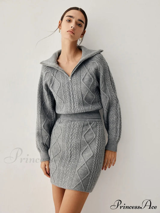 Cable Knit Open Collar Modern Cardigan With Matching Skirt Sets