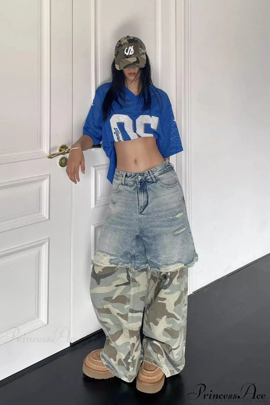 Camouflage Print Patchwork Loose Fit Streetwear Jeans