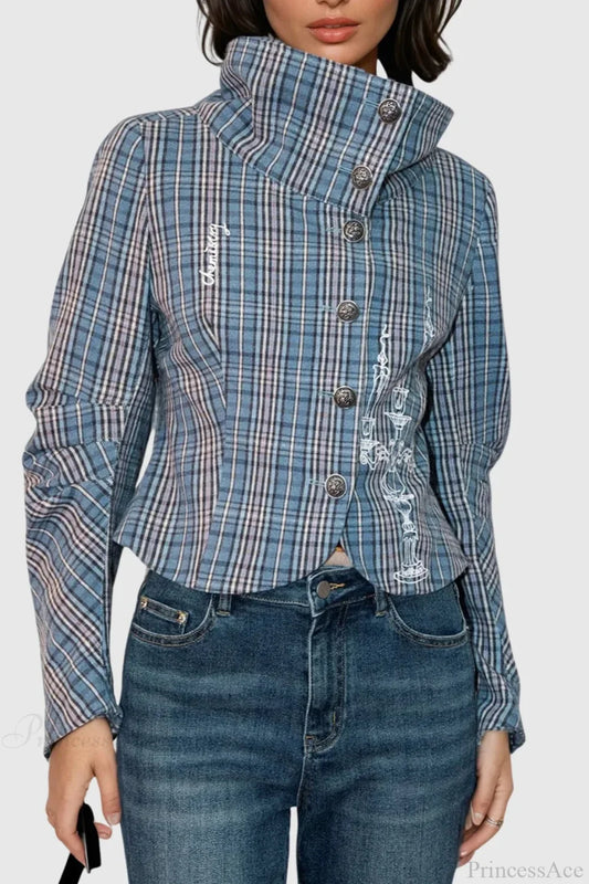 Candlestick Print Plaid Ruched Stand Collar Coat