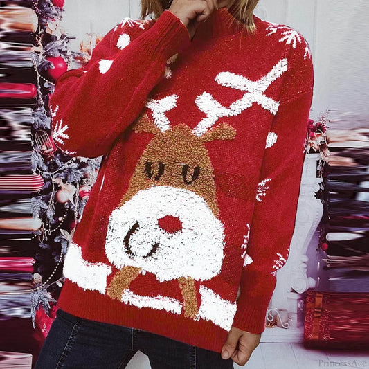 Casual Loose Neck Love Heart Pattern Pink Christmas Sweater Sweaters-L