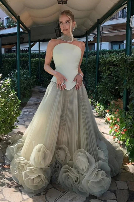 Tulle Strapless Floral 3D Prom Maxi Dress