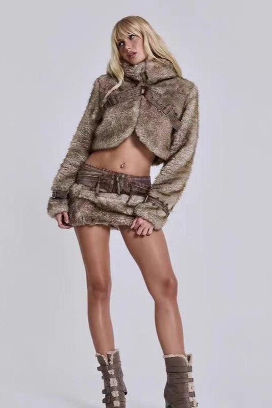 Retro Cropped Turtleneck Faux Fur Warm Jacket