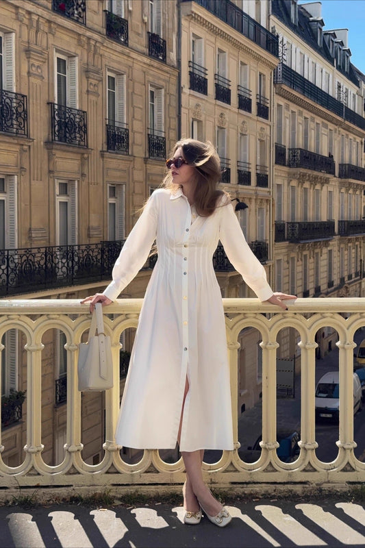 Metal Button Collared Long Sleeve Midi Dress