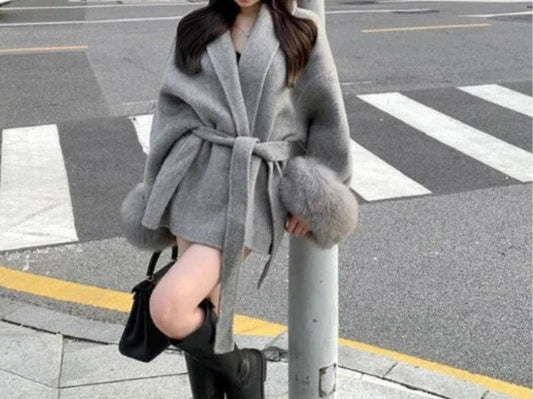 Furry Patchwork Long Sleeve Bandage Overcoat