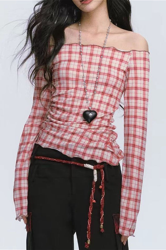 Off Shoulder Red Checkered Long Sleeve Bloshope