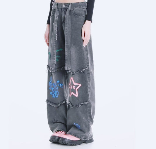Tall Waist Dark Tassels Denim Pant