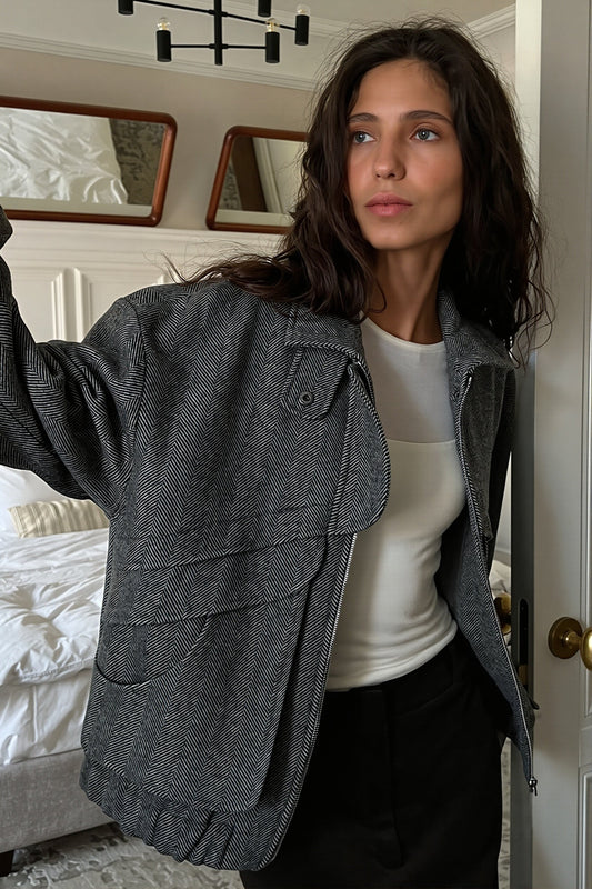 Herringbone High Collar Pocket Jacket