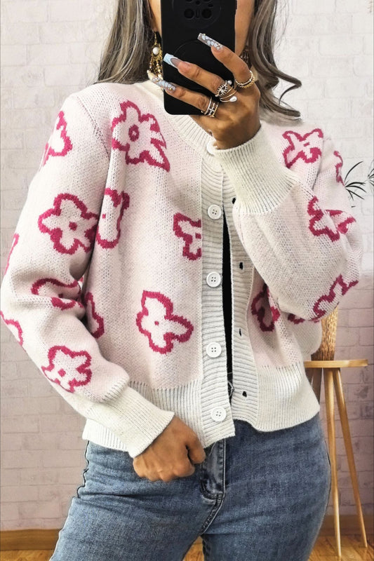 Floral Jacquard Short Single-Row Button Knit Cardigan