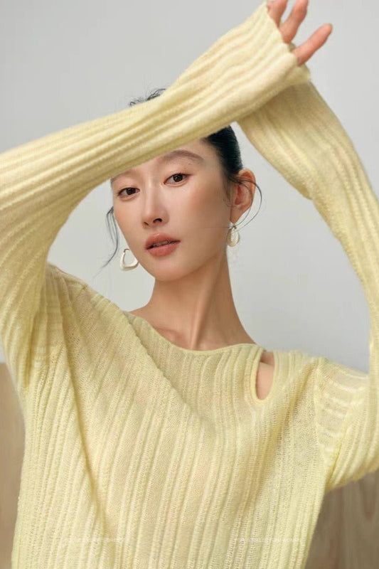 Yaohua Xiyan French Elegant Wool Openwork Ribbed Knit Top