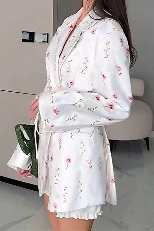 Printed Tie Button Loose Lapel Coat