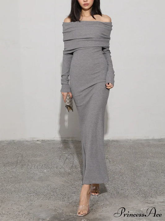 Charcoal Off Shoulder Overfold Modern Long Sleeve Dress Grey / Xs Knit Dresses
