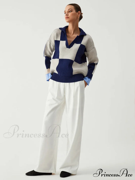 Checkered Open Collar Sweater