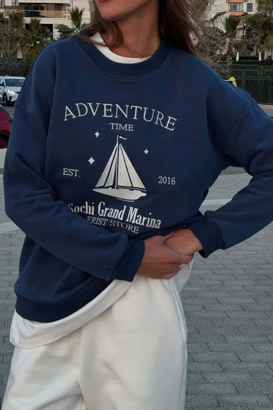 Chic Printed Crew Neck Oversized Long Sleeve Sweatshirt