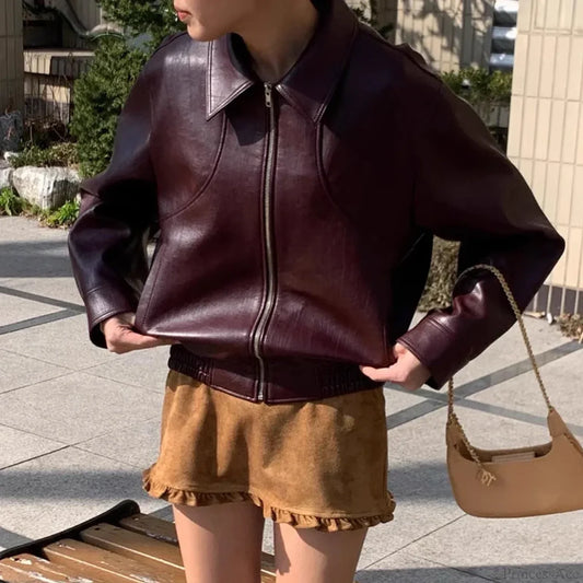 Chic Red Zipper Pu Leather Coat Wine Red / One Size Coats-241208