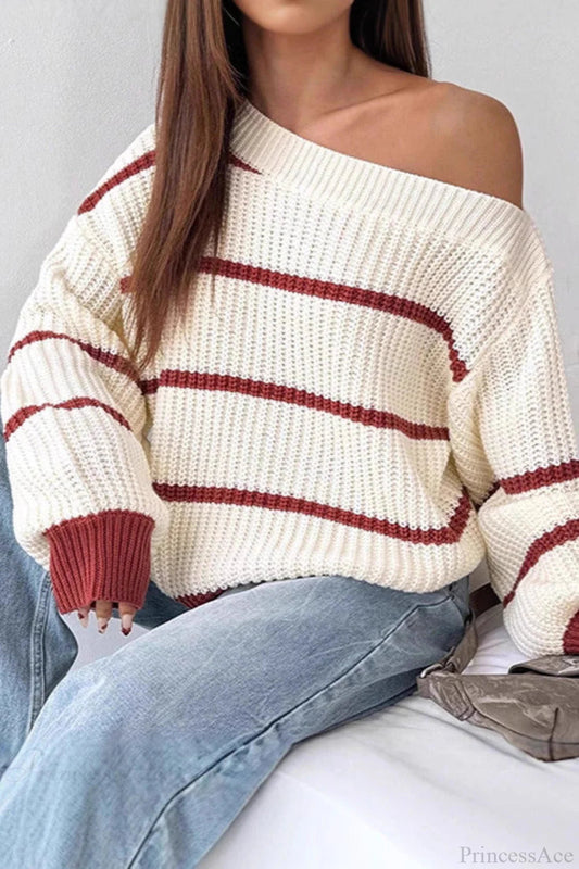 Chic Striped Off Shoulder Lantern Sleeve Knit Sweater