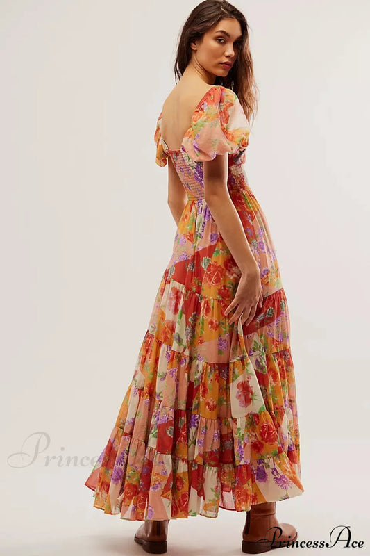 Chiffon Maxi Dress Floral Print Puff Sleeve
