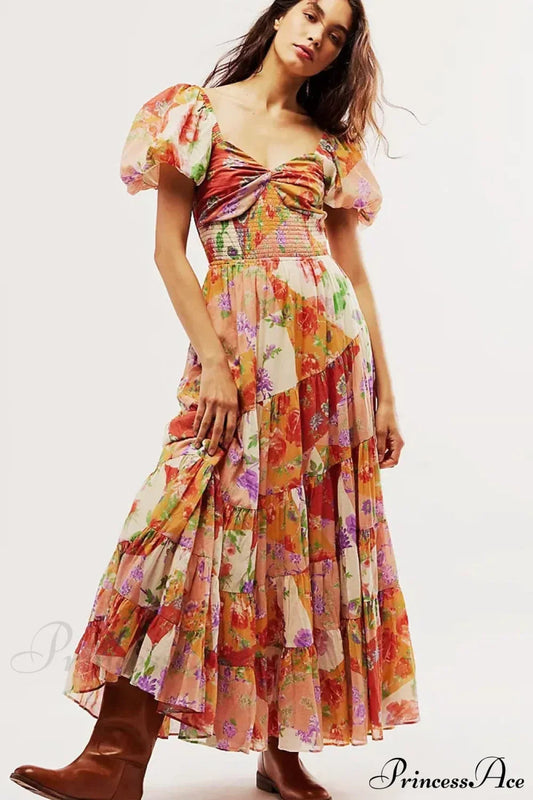 Chiffon Maxi Dress Floral Print Puff Sleeve