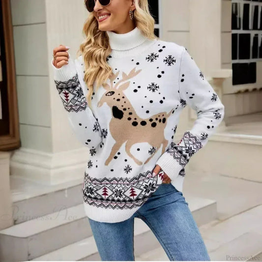 Christmas Deer Warm Knitted Long Sleeve Casual Ugly Blouse Sweater White / S Sweaters-L