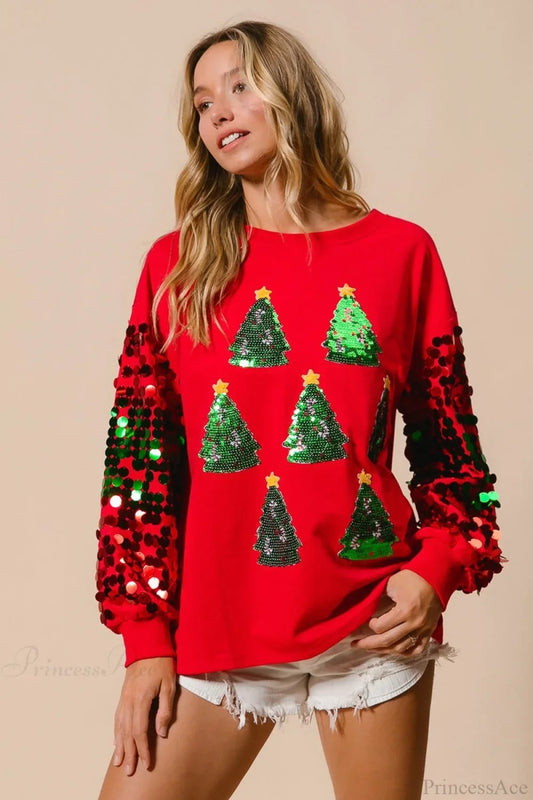 Christmas Sequined Long Sleeve Loose Sweater Red / S