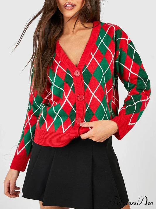 Christmas Sweater Button Diamond Cardigan