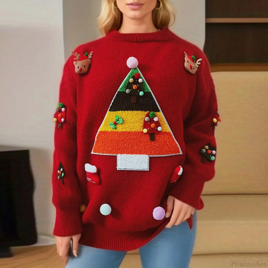 Christmas Tree Jacquard Three Decorated Round Neck Long Sleeve Fleece Sweater Red / S Sweaters-L