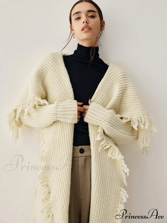 Chunky Knit Tassel Trendy Hem Poncho Cardigan Off-White / S Sweaters-L