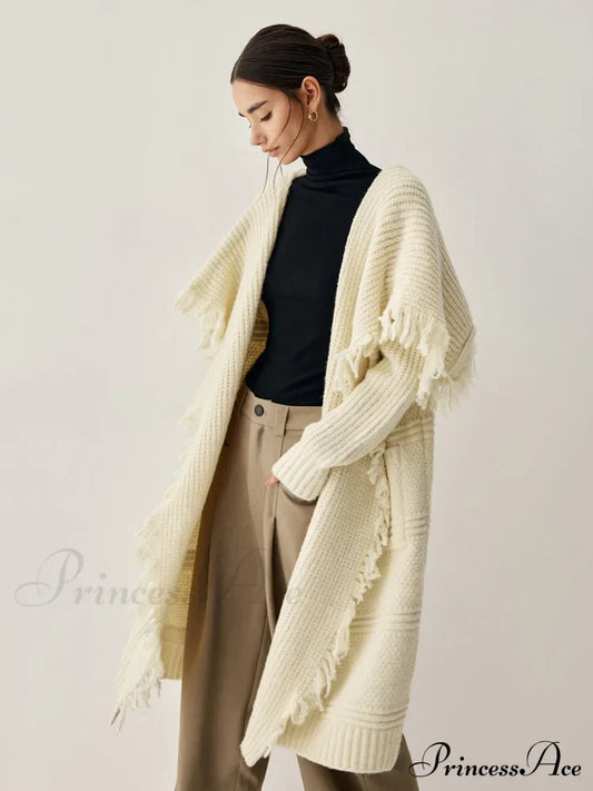 Chunky Knit Tassel Trendy Hem Poncho Cardigan Sweaters-L