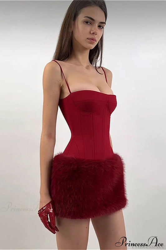 Color Block Faux Fur Spaghetti Strap Corset Party Dress