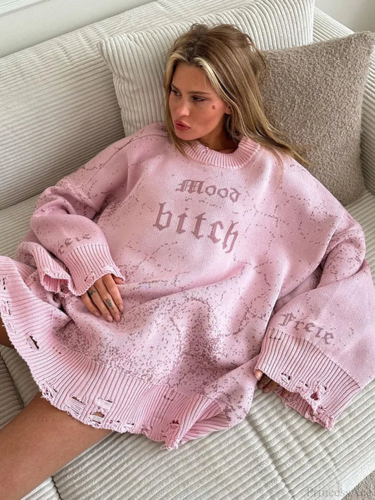 Contrast Letter Knit Pullover Sweater Light Pink / L