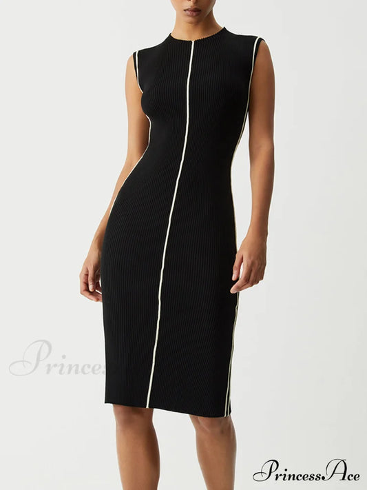 Contrast Piping Graceful Midi Sweater Dress Sweaters-L