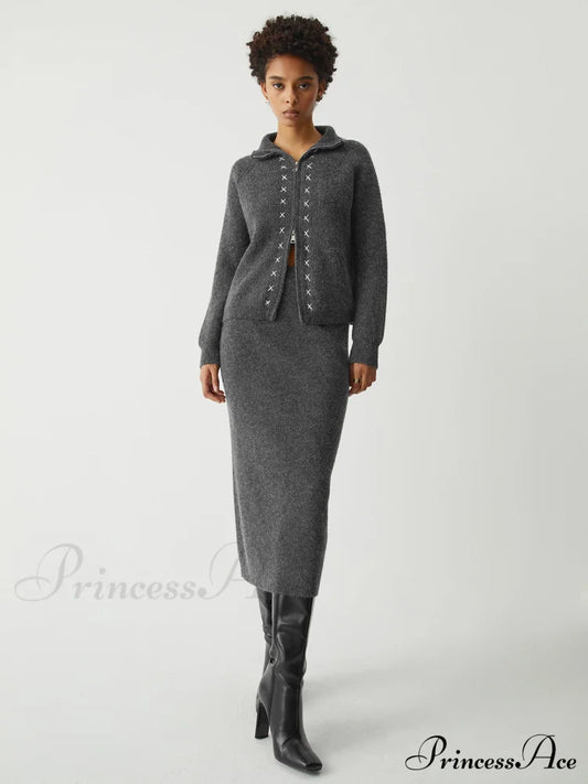 Contrast Stitches Two Way Zip Classic Long Sleeve Piece Skirt Set Sweaters-L