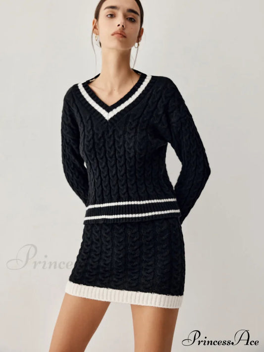 Contrast Trim Cable Knit Modern Sweater With Matching Skirt Sweaters-L