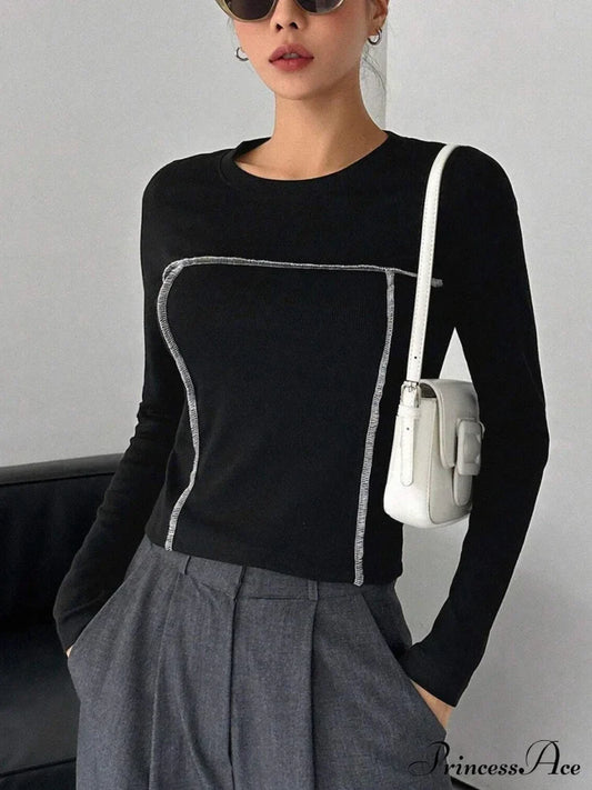 Contrast Trim Crew Trendy Neck Long Sleeve Shirt Black / S T-Shirts