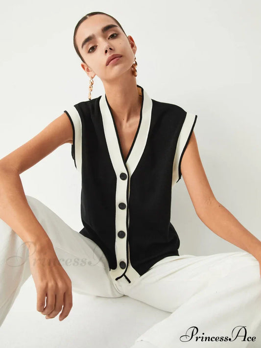 Contrast Trim Graceful Sweater Vest Black / Xs Sweaters-L