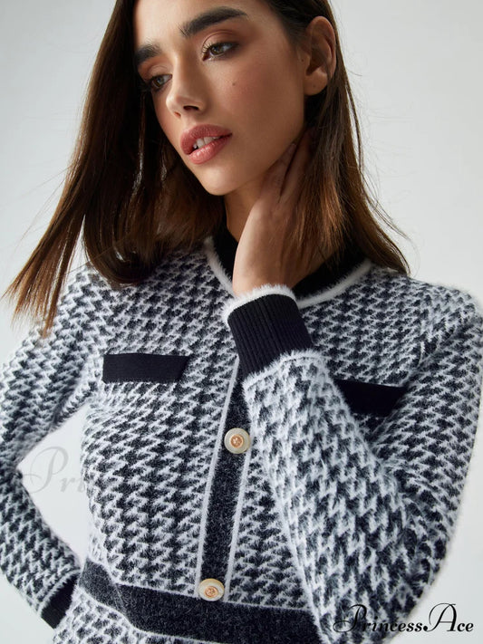 Contrast Trim Herringbone Trendy Bodycon Sweater Midi Dress Sweaters-L