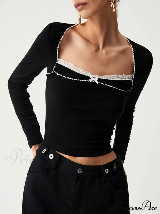 Contrast Trim Lace Trendy Long Sleeve Crop Top Black / S T-Shirts